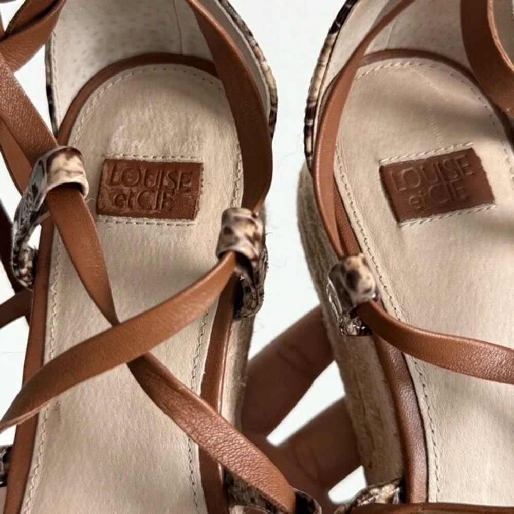 Louise et Cie Espadrille Wedge Sandals Brown Snake Print Lace Up Boho Strappy
